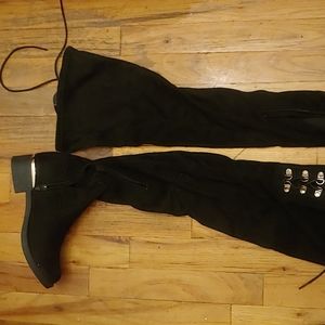 Shoedazzle Thigh High Boots with Gold Detail